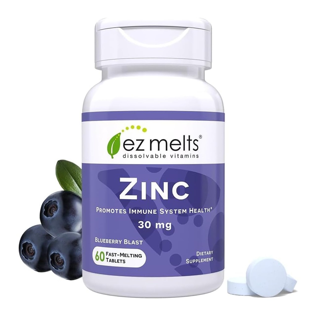 EZ Melts çinko - Immune, Digestive & Skin Health Support - Non-GMO, Vegan & Gluten-Free - Blueberry Blast - 60 Engelli Tabletler (60 Hizmetler)