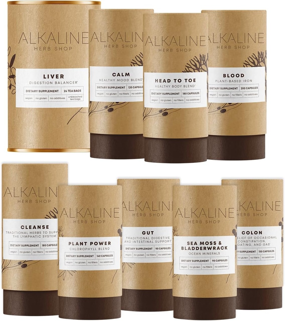 Herb Shop The Body Essentials Sche - Sea Moss & Bladderwrack, Chlorophyll, Demir, Mutlu Sağlıklı Vücut, Mutlu Kolon, Mutlu Lymph, Gut, Mutlu Canlı Çay ve Mutlu Mood