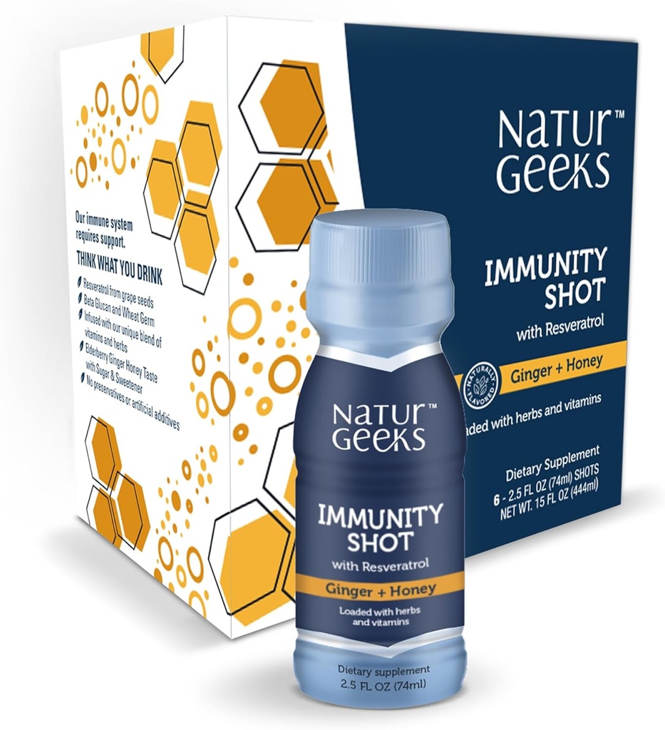 Immunity Support Shots with Organic Ginger + Honey | Vitamins C, D, B6, B12 ve çinko | Sıvı Immune Defense Infüzyon Doğal Resveratrol ve spermidine | 6 Pack (2.5 Fl oz)