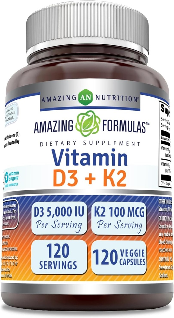 Amazing Formulas Vitamin D3 5000 I with Vitamin K2 100 Mcg | 120 Veggie Capsules Supplement | Non-GMO | Gluten Free | Made in USA