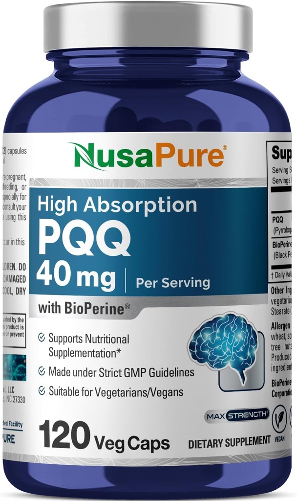 NusaPure PQQ Supplement 40 mg, 120 Veggie Capsules, Non-GMO, Pyrroloquinoline Quinone Disodium Salt, Bioperine