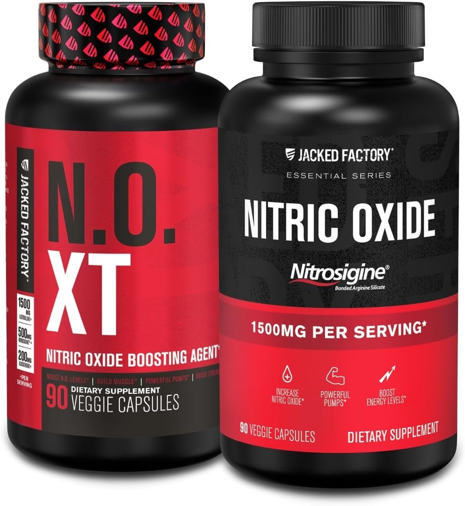 Jacked Factory N.O. XT Nitrik Oksit Supplement (90 Capsules) & Nitrosigine L-Arginine Nitrik Oksit (90 Capsules) Kas Büyümesi, Pumps, Vascularity & Energy Energy