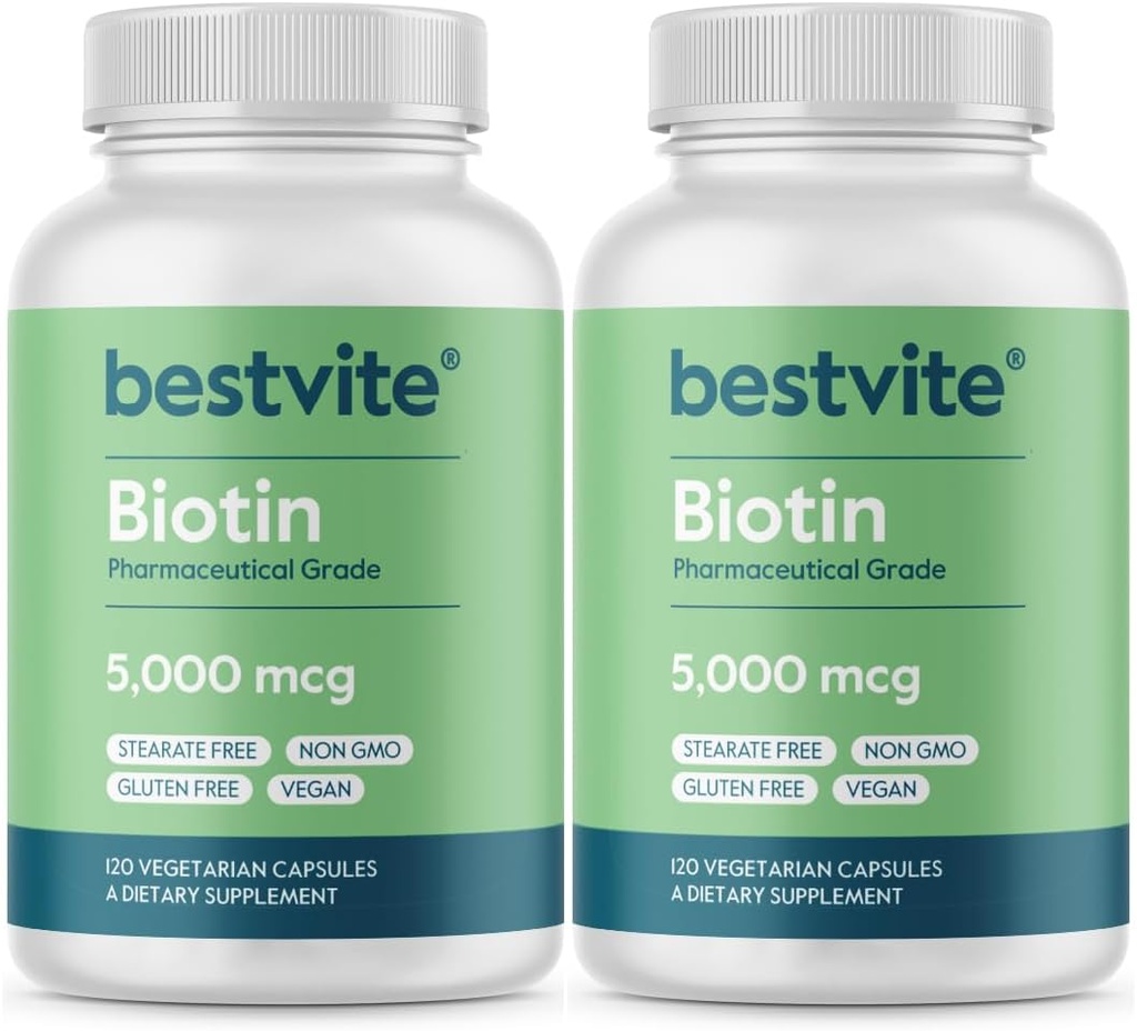 BESTVITE Biotin 5000mcg (240 Vegetarian Capsules) (120 x 2) - No Stearates - No Flow Agents - Vegan - Non GMO - Gluten Free - Hair, Skin, Nails