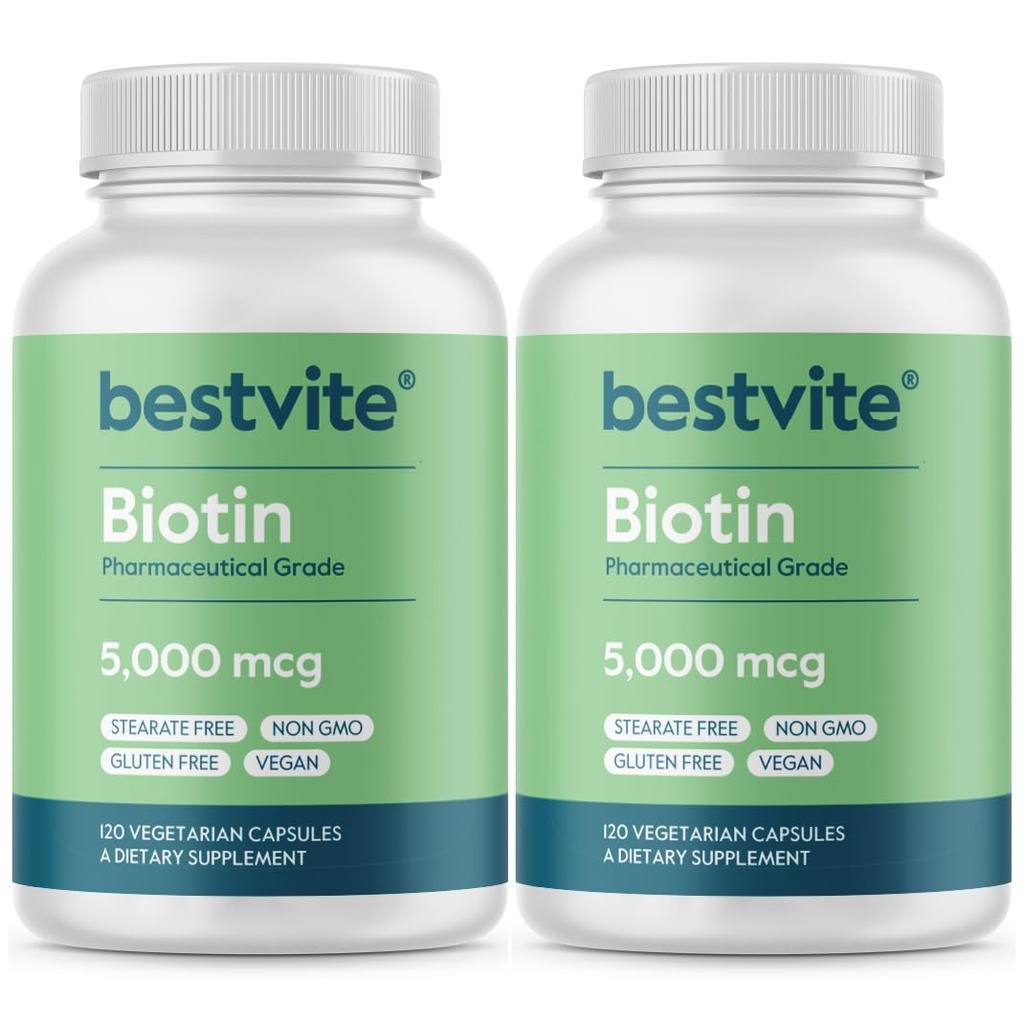 BESTVITE Biotin 5000mcg (240 Vejetaryen Capsules) (120 x 2) - Stearates - No Flow Agents - Vegan - Non GMO - Gluten Free - Saç, Skin, Nails