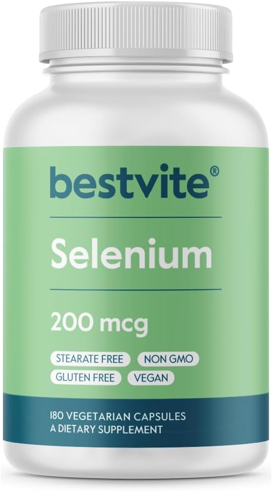 BESTVITE Selenium 200mcg (180 Vejetaryen Capsules) - No Stearates - No Flow Agents - Vegan - Non-GMO - Gluten Free