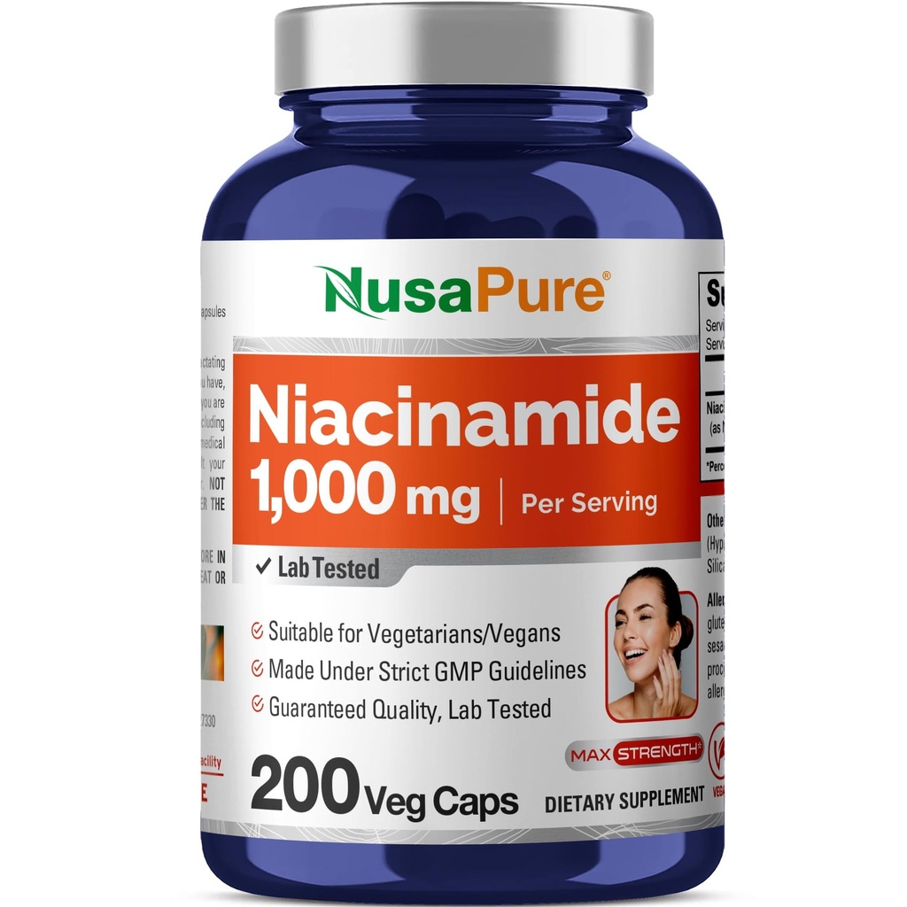 NusaPure Niacinamid 1000 mg 200 Veggie Capsules (Non-GMO, Vegan) Flush Free