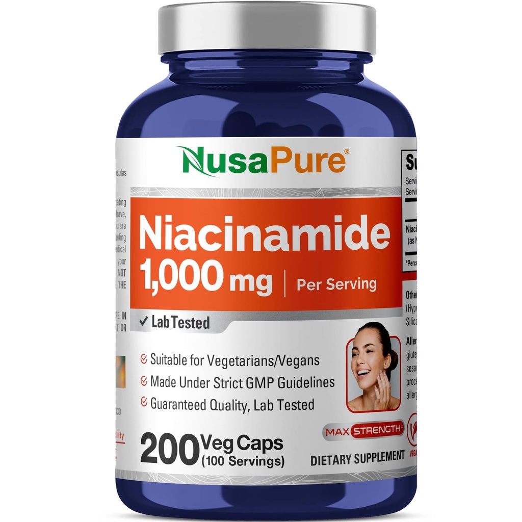 NusaPure Niacinamide 1000mg 200 κάψουλες λαχανικών (Non-GMO, Vegan) Flush Free