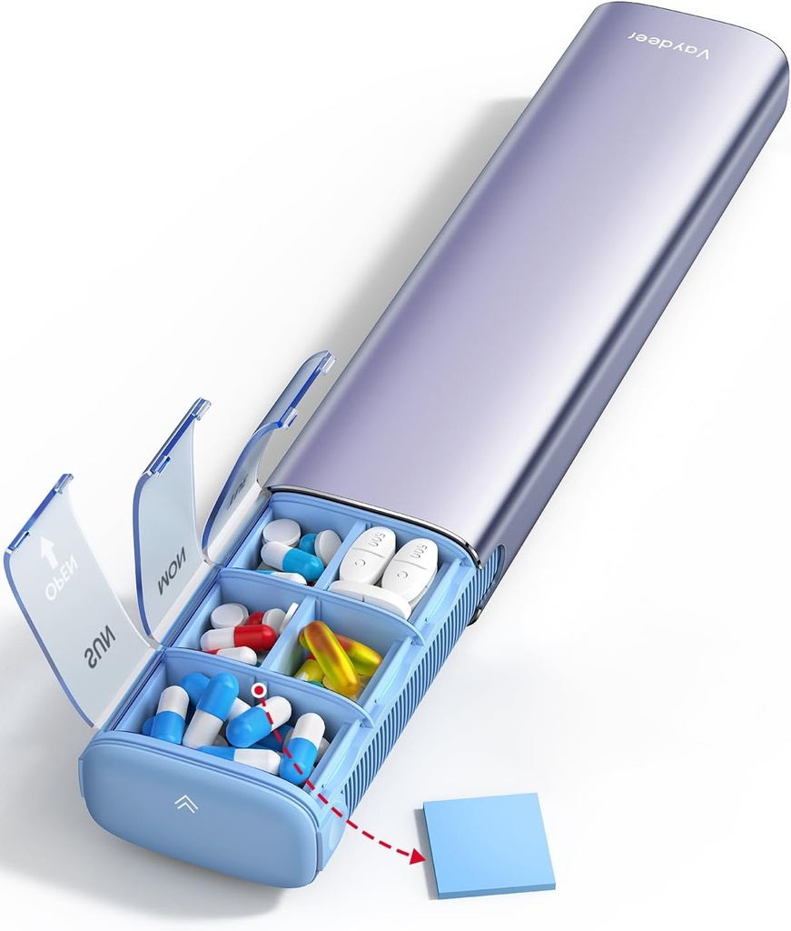 Vaydeer 7 Day Weekly Pill Organizer (Υποστήριξη 2 φορές την ημέρα), Metal Travel Pill Case, Μεγάλη Χωρητικότητα Χαριτωμένο Κουτί Χάπια για Συμπληρώματα, Χάπια, Βιταμίνες και Φάρμακα (Purple), 8.3*2.1*1.2 Inch