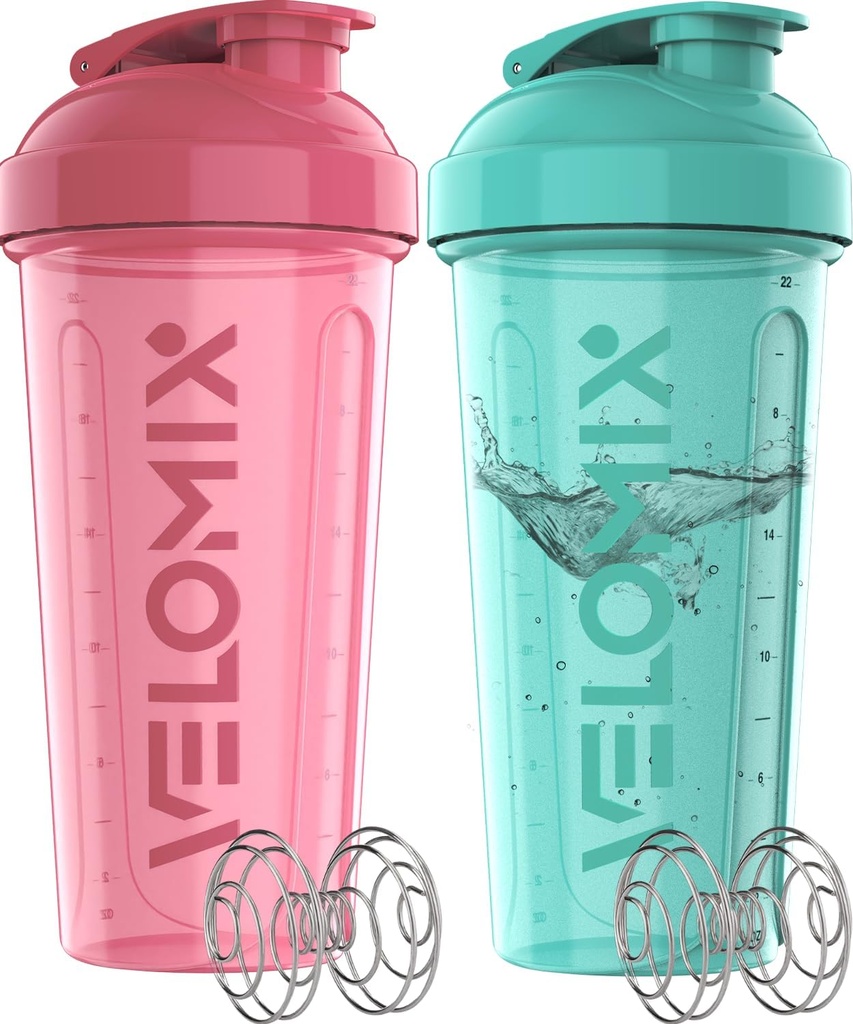 VELOMIX -2 Pack- 28 oz protein Mixer Şişeler - 2 Wirex Whisk | Protein Shakes | Protein Shaker Şişe Paketi (Pink/Turquise)