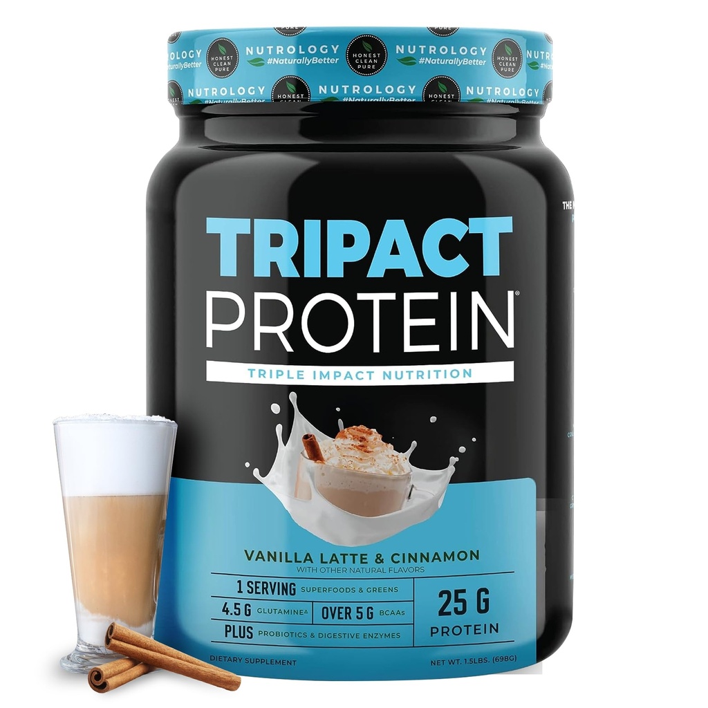 Nutrology TRIPACT protein Toz - 7in-1 Meal Yenileme Grass Fed Whey Protein Toz, Pea, Rice, Kas Kurtarma ve Immunity, Vanilla Latte & Cinnamon Flavor, 20 Hizmetler