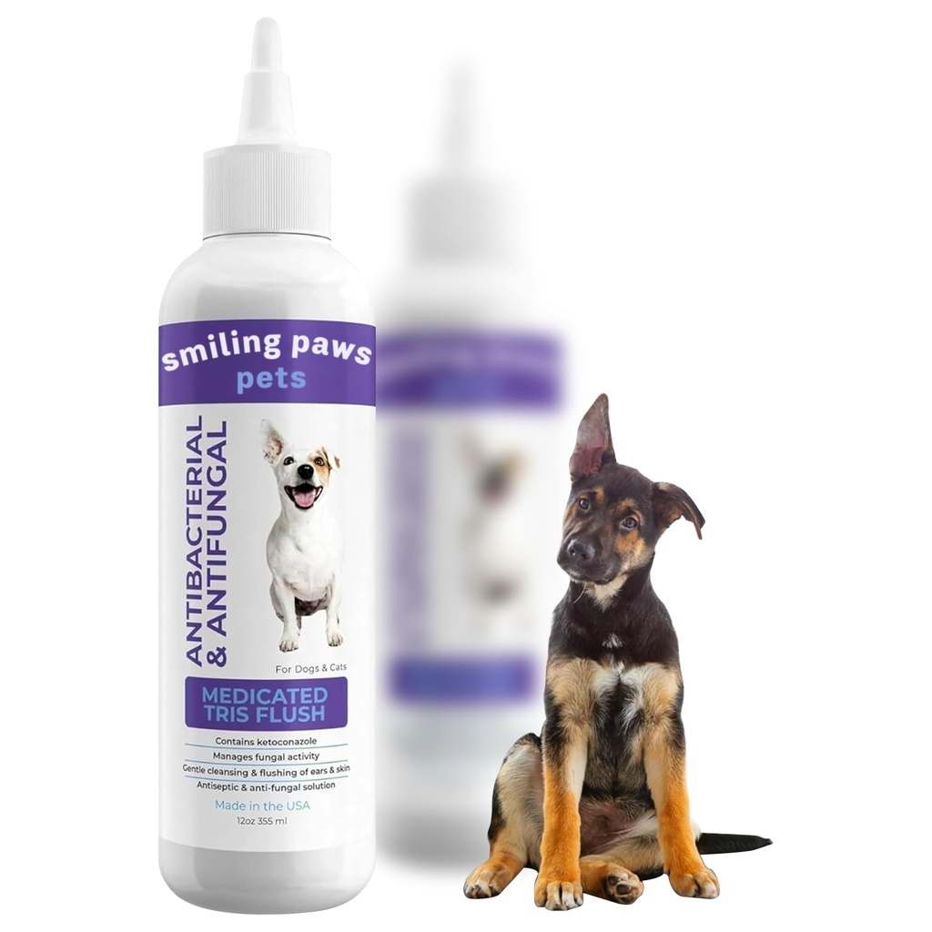 Paws Pets Medicated Tris Flush Köpek ve Kediler için Enfeksiyon Tedavisi Köpekler ve Kediler için Daha Temiz Köpek ve Kediler - Cat & Dog Ear Contains Ketoconazole 12oz