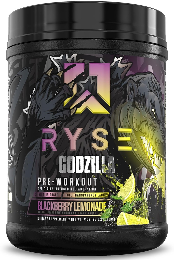 RYSE Godzilla X Noel Deyzel Pre Workout Toz - BlackBerry Lemonade - 400 mg Caffeine, High Stim Pre-Workout for Men & Women with Citrulline & Beta Alanine - Enerji, Pump & Focus - 20/40 Oda