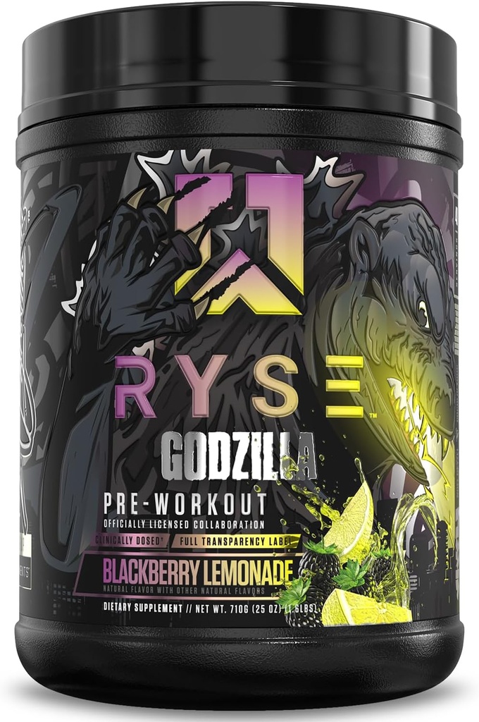 RYSE Godzilla X Noel Deyzel Pre Workout Toz - BlackBerry Lemonade - 400 mg Caffeine, High Stim Pre-Workout for Men & Women with Citrulline & Beta Alanine - Enerji, Pump & Focus - 20/40 Oda