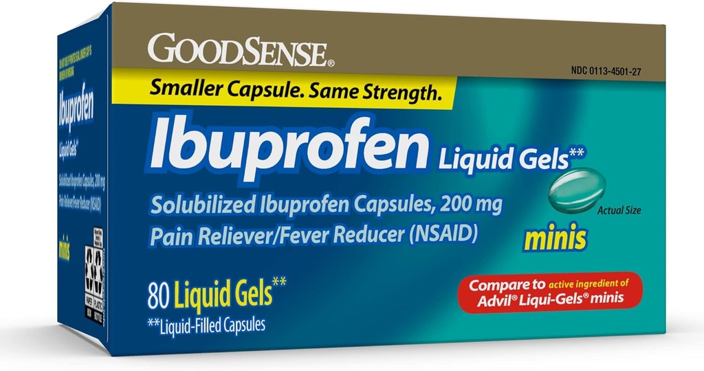 GoodSense Ibuprofen Mini Liquid-Gels, 200 mg, Liquid-Filled Capsules, Pain Reliever and Fever Reducer, 80 Count