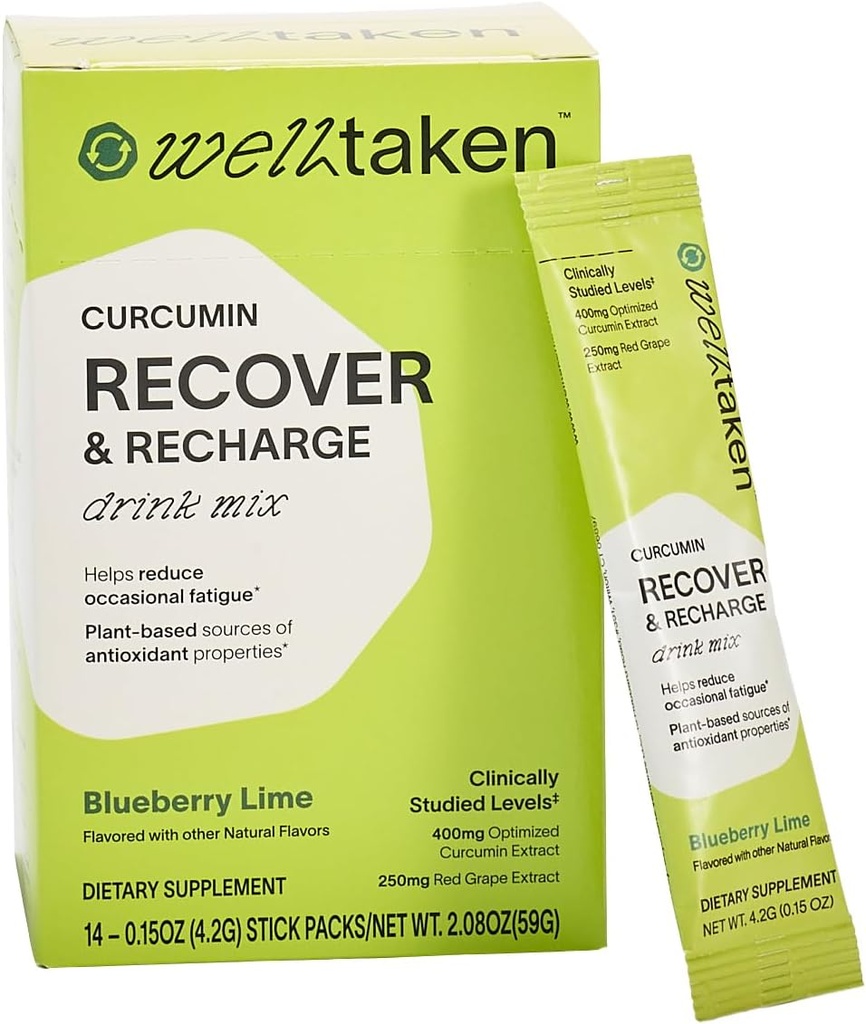 Turmeric Curcumin Recover Toz - Blueberry Lime, 14ct Box - 400mg Optimized Curcumin, Pomegranate, Red Grape - Occasional Fatigue - Vegan, 14 Hizmet