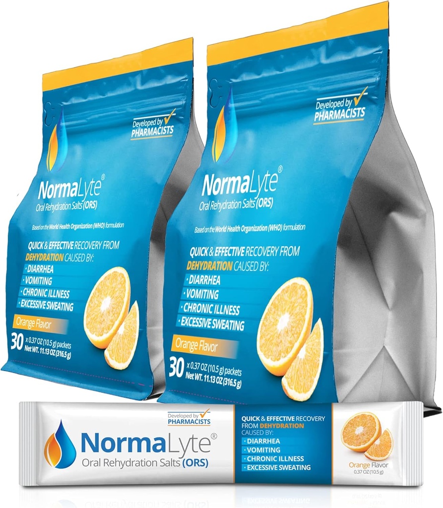 NormaLyte Oral Rehidrasyon Salts-2 Pouches - 60 Sticks (Yields 500mL per Pack)-Orange| Enerji Supplements, Pyum Tamam, Dehidrasyon ve Hızlı Aborpsiyon