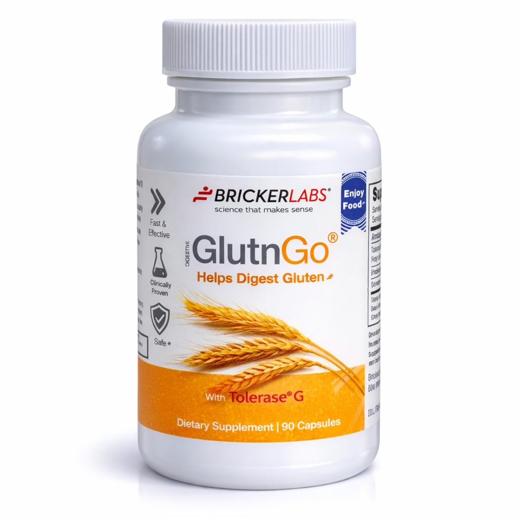 Bricker Labs GlutnGo with Tolerase G 100 mg Digestion Supplement for Gluten intolerance, Klinik Olarak Gluten, Hızlı, Etkili ve Güvenli Digestive Aid, 90 Capsules
