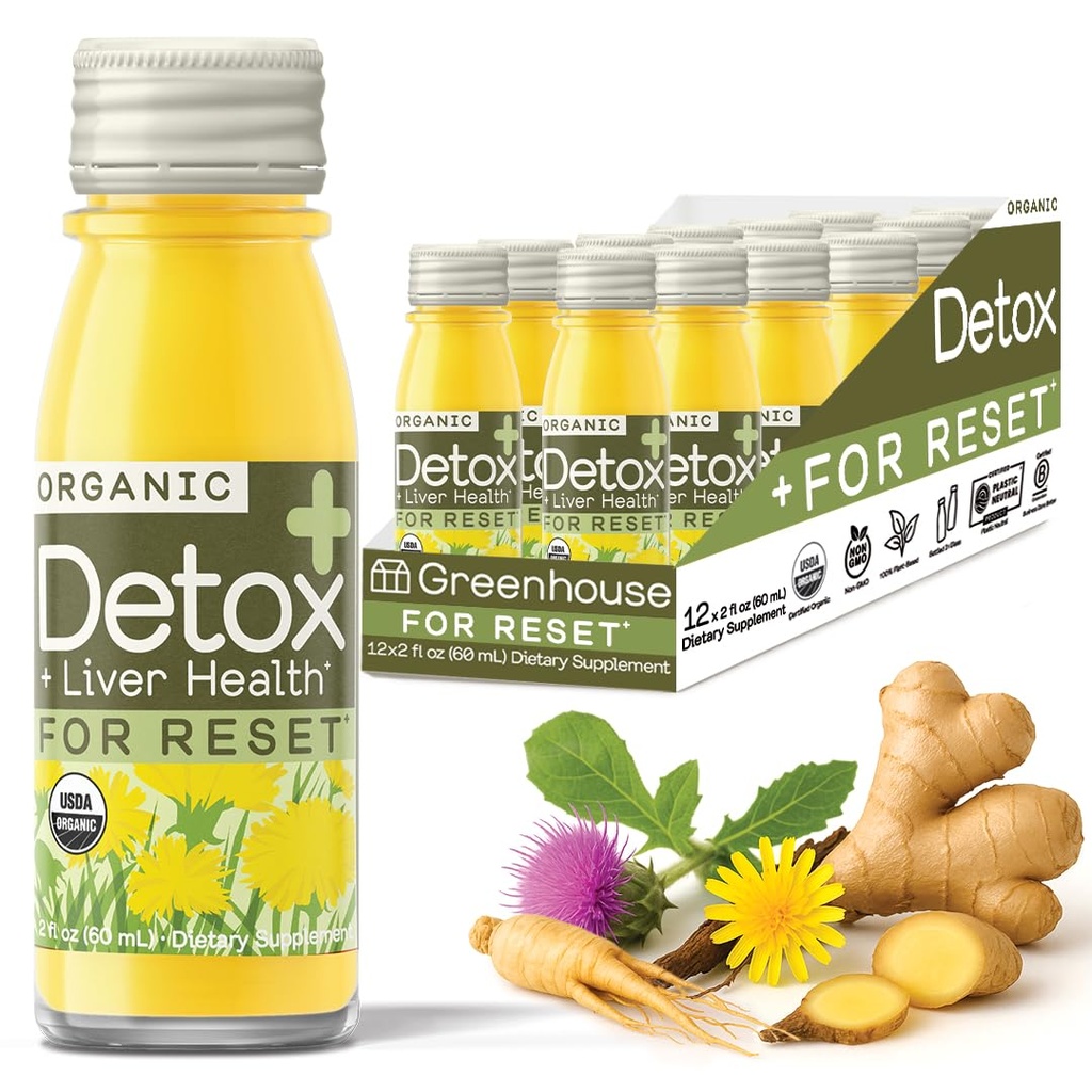 Θερμοκήπιο Χυμός Detox Wellness Shots Βιολογική Ανοσία Σφηνάκια Χυμός Ηπατική Υγεία + Αντιφλεγμονώδες με Ginseng, Γαϊδουράγκαθο Γάλα, και Dandelion Vegan & Gluten-Free (2 Oz, πακέτο των 12)
