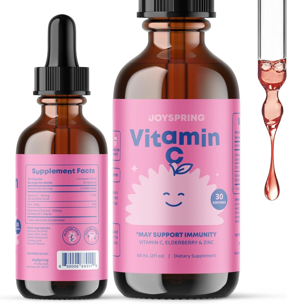 JoySpring Vitamin C + Elder Drops + Çocuklar için çinko Immune Support, Genius Drops için ve Çocuklar için D vitamini