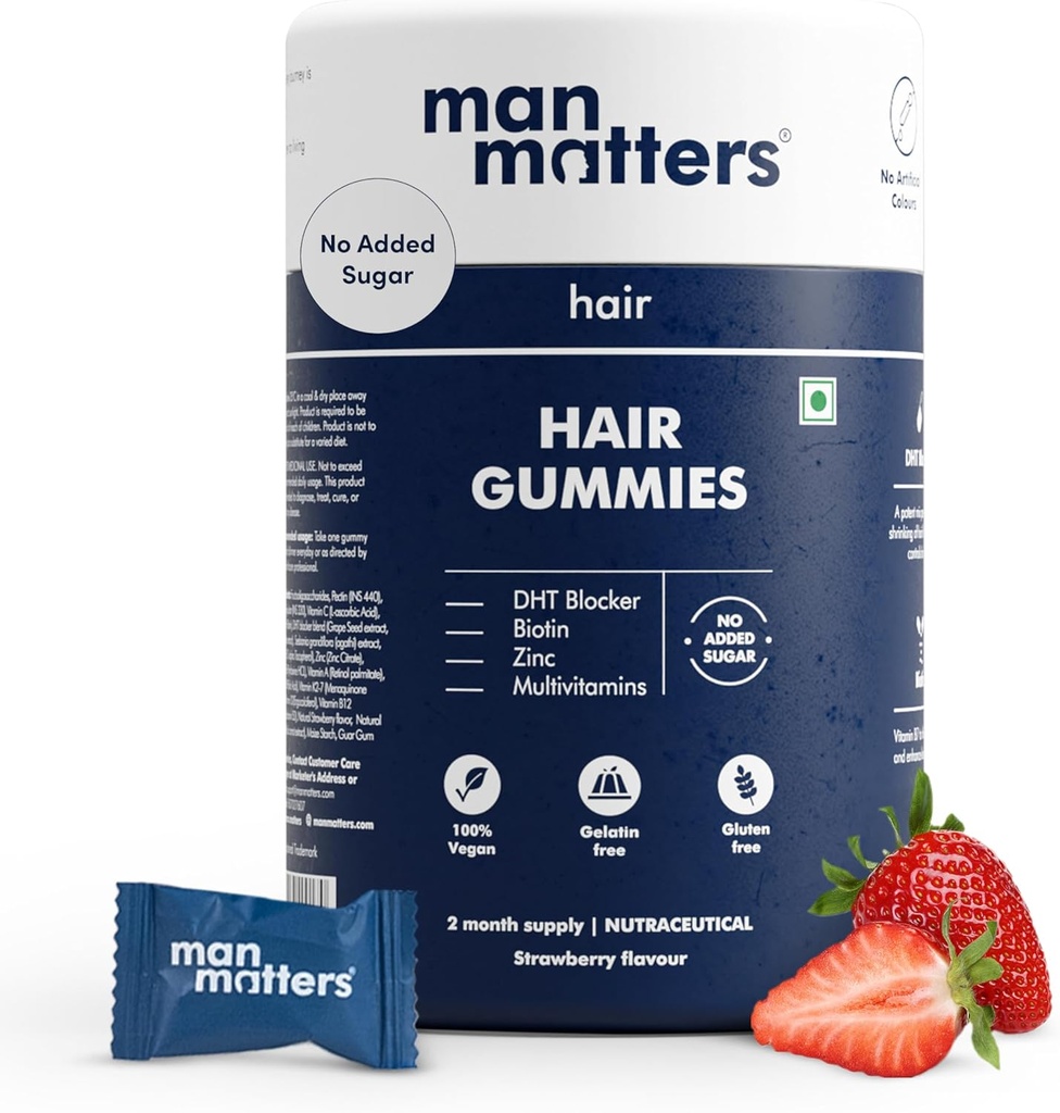 Man Matters Biotin Saç Saç Saçı Sağlıklı Saç için | No Sugar eklendi | Biotin Gummies with Hair Vitamins | A, Vitamin C, Vitamin E & çinko | 60 Gummies