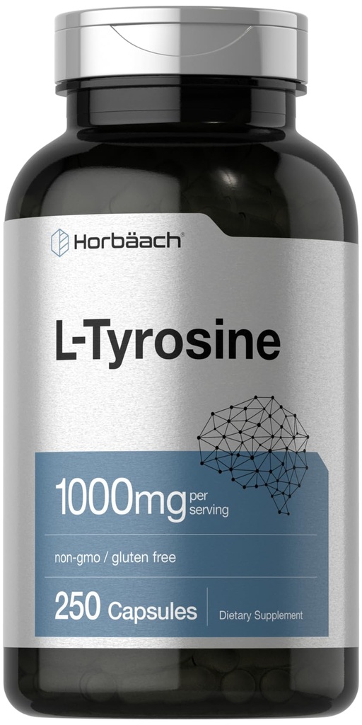 Horbäach L-Tyrosine 1000mg | 250 Capsules | Amino Acid Supplement | Non-GMO & Gluten Free