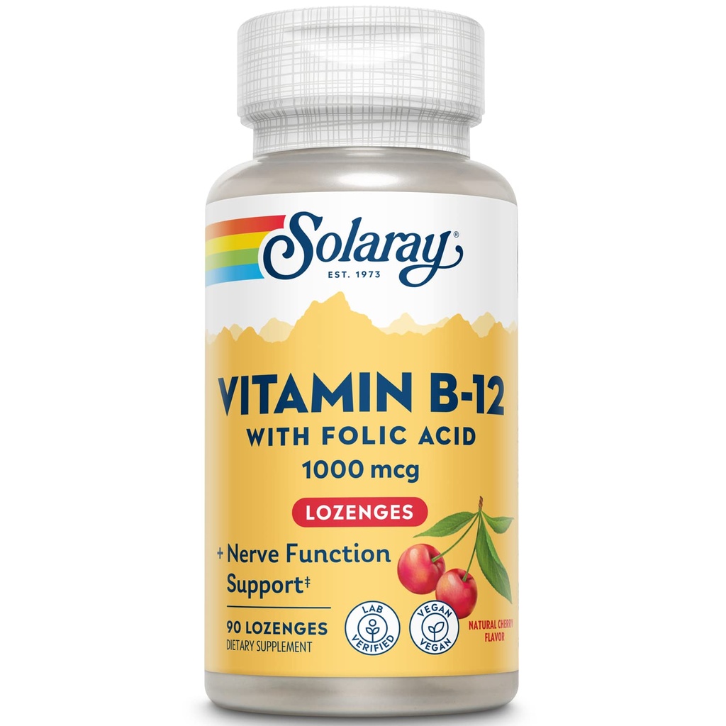 SOLARAY Vitamin B-12 1000mcg Folic Acid | Natural Cherry Flavor | Sağlıklı Enerji Desteği | 90CT