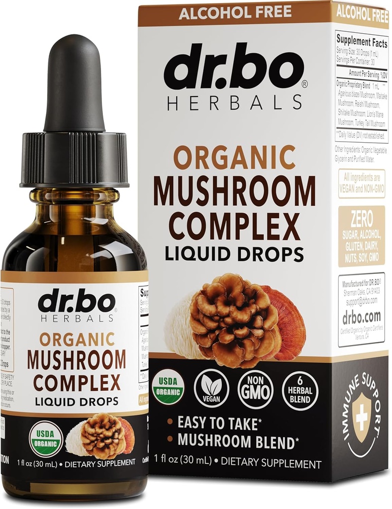 Organic Lions Mane Mushroom Complex - Mushroom Συμπλήρωμα Υγρές σταγόνες Βάμμα για Εστίαση, ομίχλη, Συμπληρώματα Εγκεφαλικής Υγείας - Vegan, Herbal Organic Lion's Mune Mushrooms, Reishi, Turkey Tail Extract 1oz
