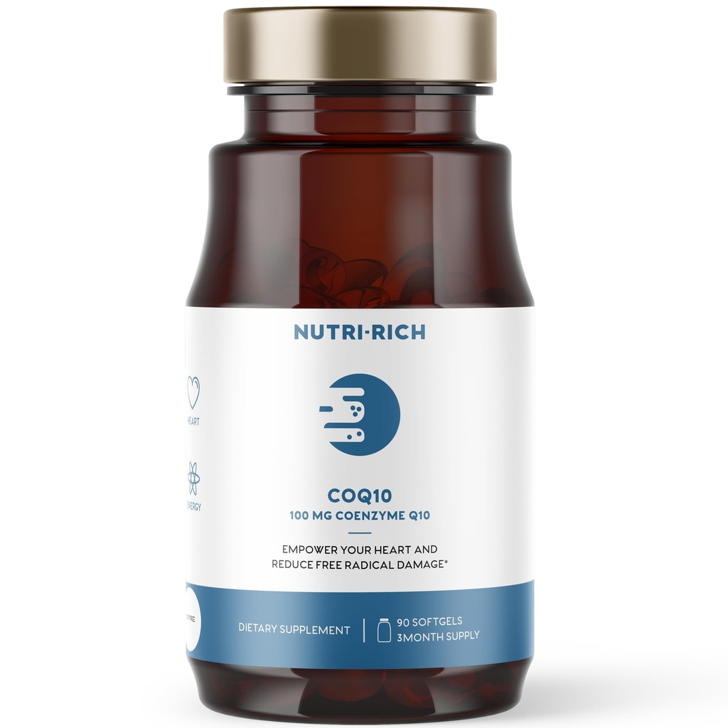 Nutri-Rich CoQ10 Softgels, Συνένζυμο Q10 Ubiquinone για την καρδιά & ενέργεια, Statin Χρήση & Κυτταρική υγεία, τρίτο μέρος δοκιμαστεί, ποιότητα GMP, καμία τεχνητή πρόσθετα, χωρίς σόγια, χωρίς γλουτένη, 90 κόμης