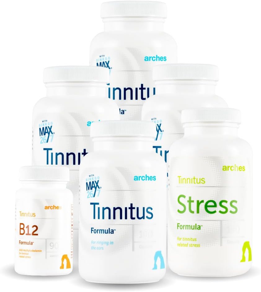 Arches Εμβοές Combo Pack - Τώρα με Ginkgo Max 26/7 - Φυσικές Εμβοές Θεραπεία για την ανακούφιση από το δακτυλίδι αυτιά - 6 μπουκάλια - 90 ημέρες προσφοράς