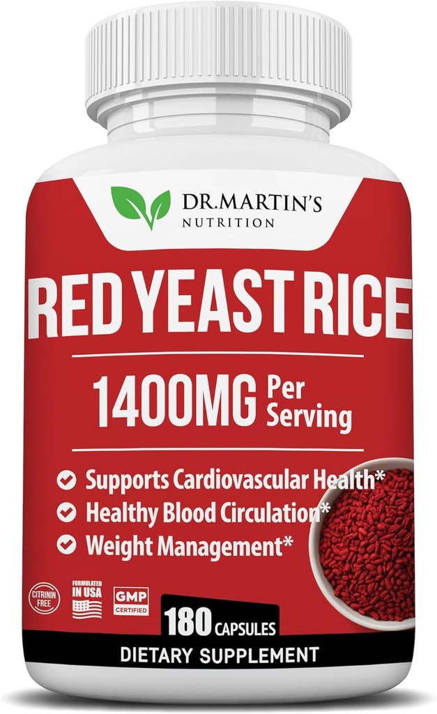 Red Yeast Rice, 1400 mg Supplement 180 Count | Sağlıklı Cholesterol Seviyeleri | Destekler Cardiovascular & Blood Circulation For Health Heart, Digestion, Kilo Management & General Health