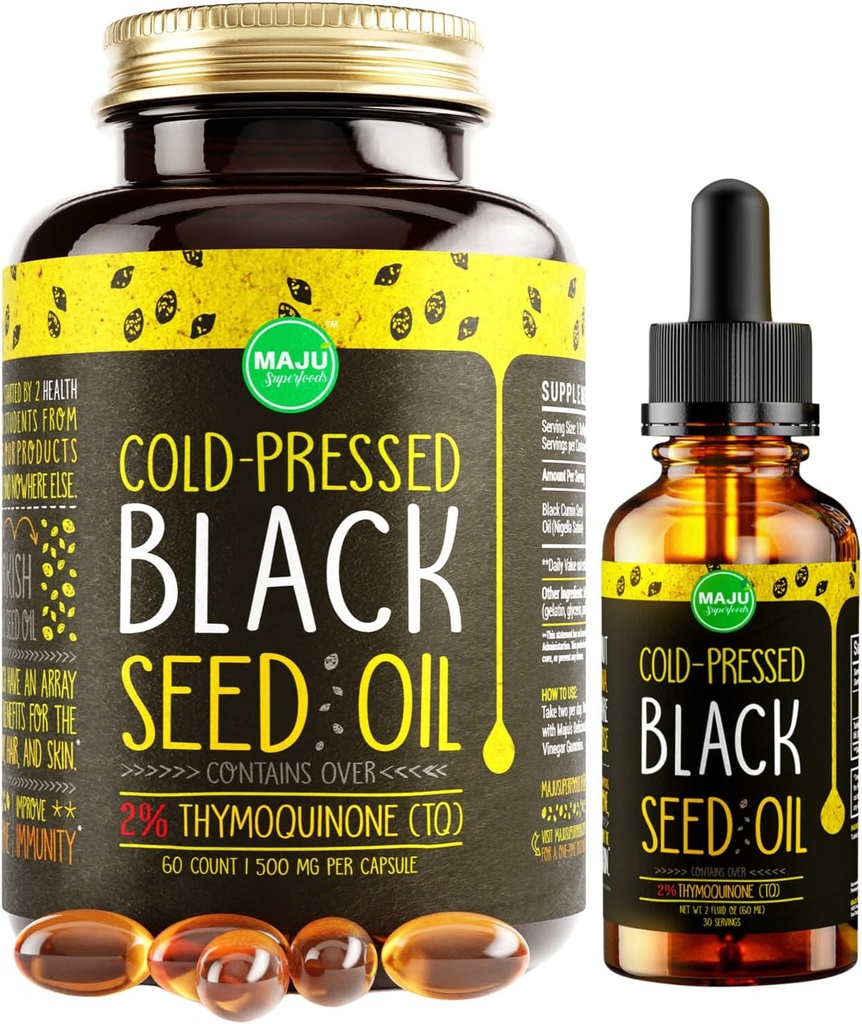 Maju Superfoods Black Seed Oil 2 oz ve Black Seed Oil Capsules