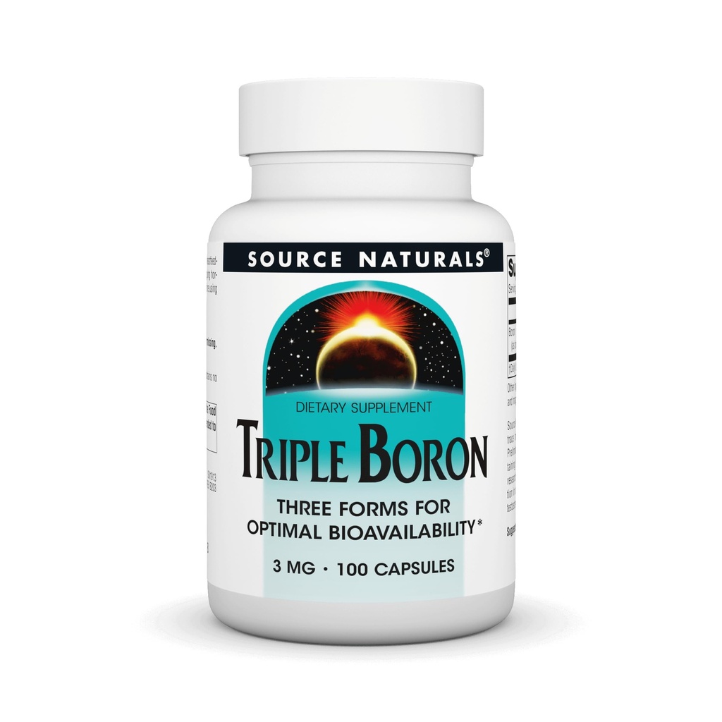 Source Naturals, Triple Boron, Three Forms for Optimal Bioavailibilty*, Contains 3 Forms of The Trace Mineral Boron - Citrate, Aspartate, and Glycinate, 3 mg - 100 Capsules