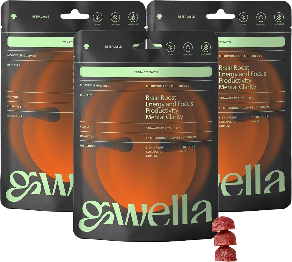 Gwella Focus Gummies with Lion's Mane, Panax Ginseng, Ginger Root, Cordyceps, SAM-e, and Nootropics, Energy and Focus Supplement, Vegan, Strawberry Tangerine (20 Count - Pack of 3)