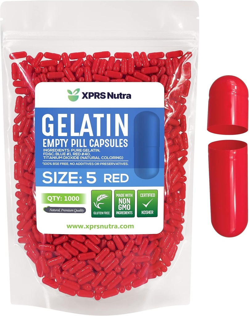 XPRS Nutra Boyutu 5 Boş Kapsüller - 1000 Kont Çok Küçük Boş Gelatin Capsules - Pills DIY Capsule - Do-It- Yourself Vitaminleri (Red)