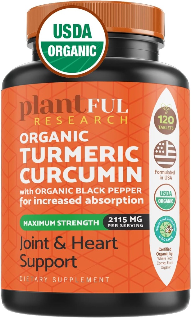 Black Pepper Highest Potency USDA ile Organik Turmeric Supplement [Non-GMO Organik Curcumin 2115 mg] Antioksi Joint & Immune Support 120 Tablets
