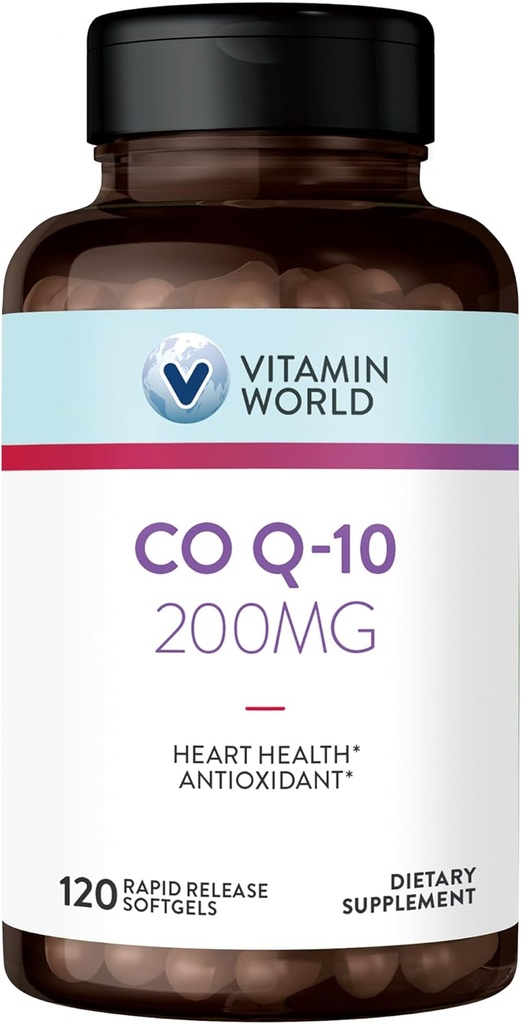 World Vitamin CoQ10 200 mg Softgels, Coenzyme Q10 Antioksi Destek, Kalp Sağlığı ve Enerji Üretimi, Gluten Free, 120 Hızlı Yayın Softgels