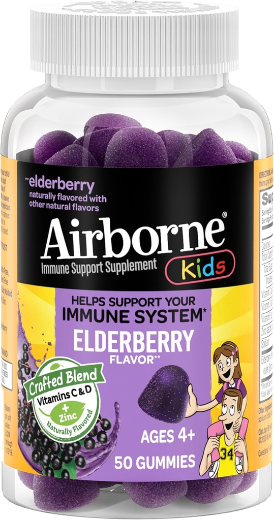 Airborne Kids Elderberry + çinko & Vitamin C Gummies, Çocuklar Güçlü Antioksis VIT D & E - 50 Gummies, Elderberry Flavor