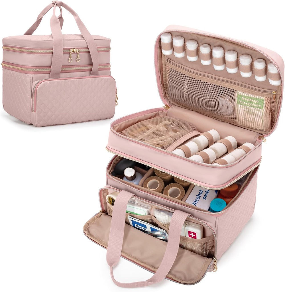 Yarwo Pill Bottle Organizer Empty, Double Layers Medicine Τσάντα αποθήκευσης ταξιδιών με 5 προσαρμοσμένους διαιρέτες και κλειδώσιμο Zippers για τις συνταγές μπουκάλια και προμήθειες πρώτων βοηθειών έκτακτης ανάγκης, ροζ