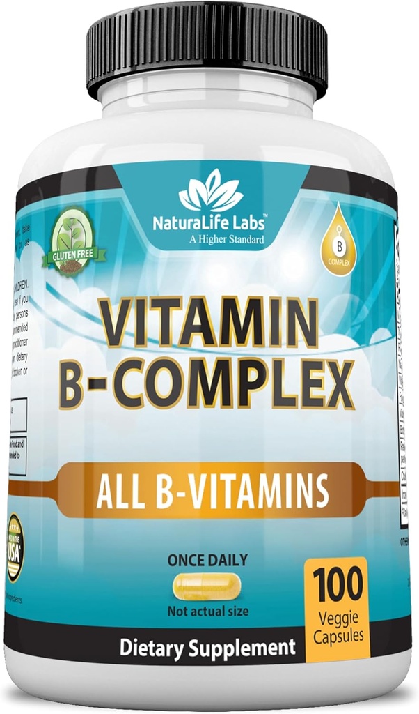NaturaLife Labs Vitamin B-Complex with Vitamin C & Folic Acid – Includes B1, B2, B3, B5, B6, B7, B9 & B12 – 100 Capsules, Vegan, Non-GMO, Gluten Free