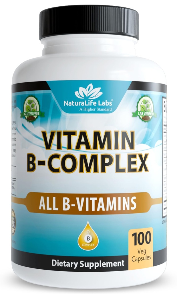 NaturaLife Labs Vitamin B-Complex with Vitamin C – Includes Active B2 (Riboflavin-5-Phosphate), B6 (Pyridoxal-5-Phosphate), B9 (5-MTHF) and B12 (Methylcobalamin); plus B1, B3, B5 and B7 – 100 Capsules