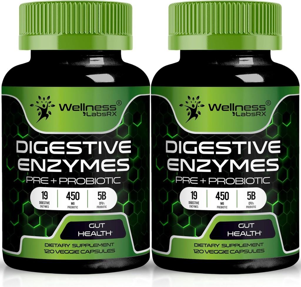 Digestive Enzymes with Probiotics and Prebiotics, 450mg, 5 Billion CFUs - Pure Super Digestion Caps - Digestive Enzymes for Women & Men Support Digestion & Gut Health - 120 Count (Pack of 2)