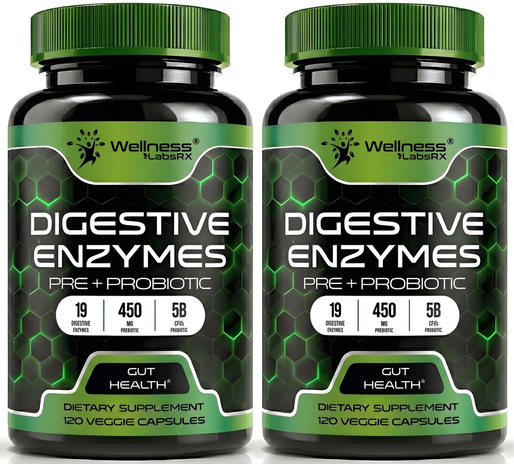 Probiyotik ve Prebiyotiks ile Enzymes, 450 mg, 5 Milyar CFUs - Pure Super Digestion Capsules - Kadınlar ve Erkekler için Enzymes Digestion & Gut Health - 120 Count (Pack of 2)