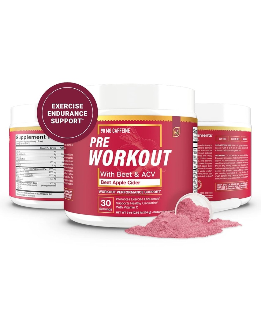 Essential Elements PreWorkout Powder with Beet Root & ACV | Superfood Energy Supplement & All-Natural Nitric Oxide Booster Plus Caffeine 30 Servings