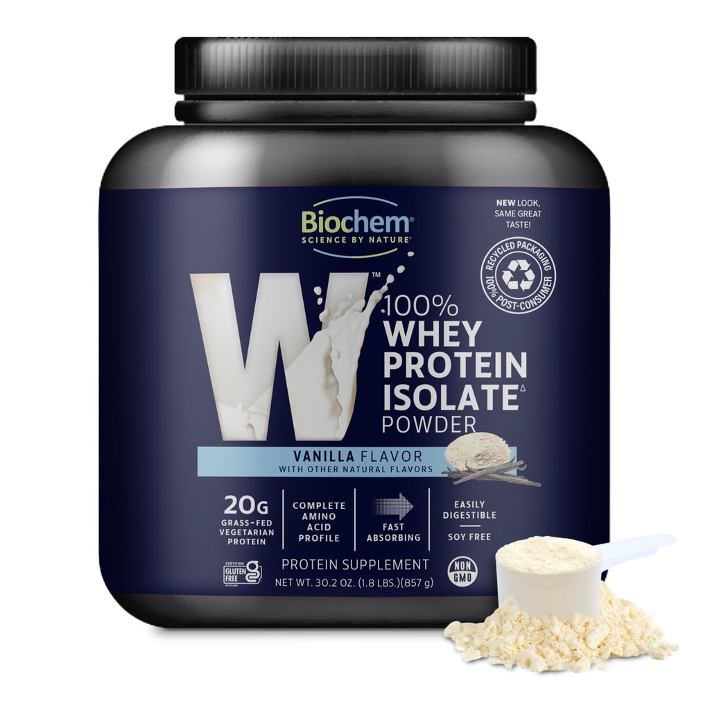 Biochem Whey proteini Isolate Toz - Vanilla Flavor, 20 Grams per Service, Grass Cows, Non-GMO, Vegetarian, No Yapay Flavors or Sweeteners - Supports Kas Mass & Performance