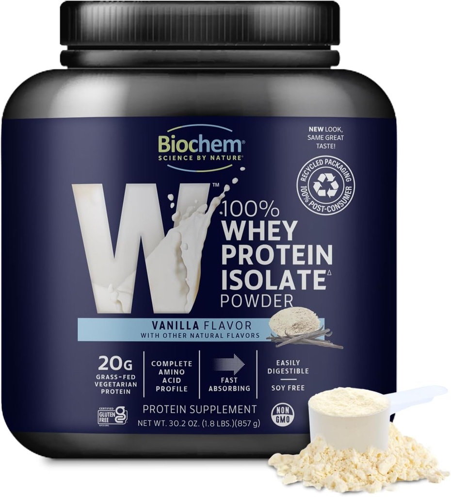 Biochem Whey proteini Isolate Toz - Vanilla Flavor, 20 Grams per Service, Grass Cows, Non-GMO, Vegetarian, No Yapay Flavors or Sweeteners - Supports Kas Mass & Performance