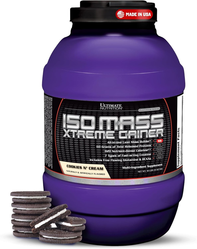 Ultimate Nutrition ISO Mass Xtreme Gainer - High-Calorie Mass Gainer with Creatine & Whey Isolate Protein Powder for Weight Gain, Lean Muscle Mass, Bulk Supplement - Cookies N Cream, 10lbs