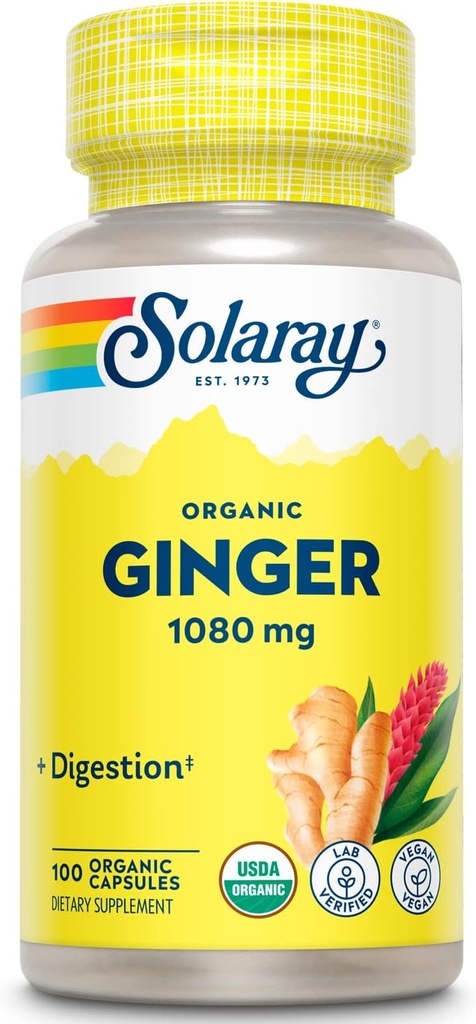 SOLARAY Organik Ginger 1080 mg - Organik Ginger Supplements - Relieves Nausea ve Vomiting Associated with Motion Hastaness, Supports Joint Health - Vegan, Non Drowsy, 60-Day Garanti, 50 Hizmetler