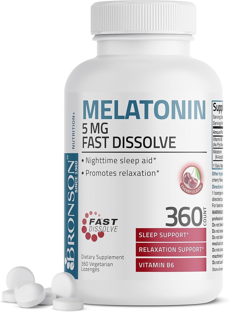 Bronson Μελατονίνη 5mg Διαλύστε γρήγορα τα δισκία γεύσης κεράσι με βιταμίνη Β6 - Nighttime Sleep Aid - Προάγει την χαλάρωση, 360 χορτοφαγικά Μασώμενα Lozenges