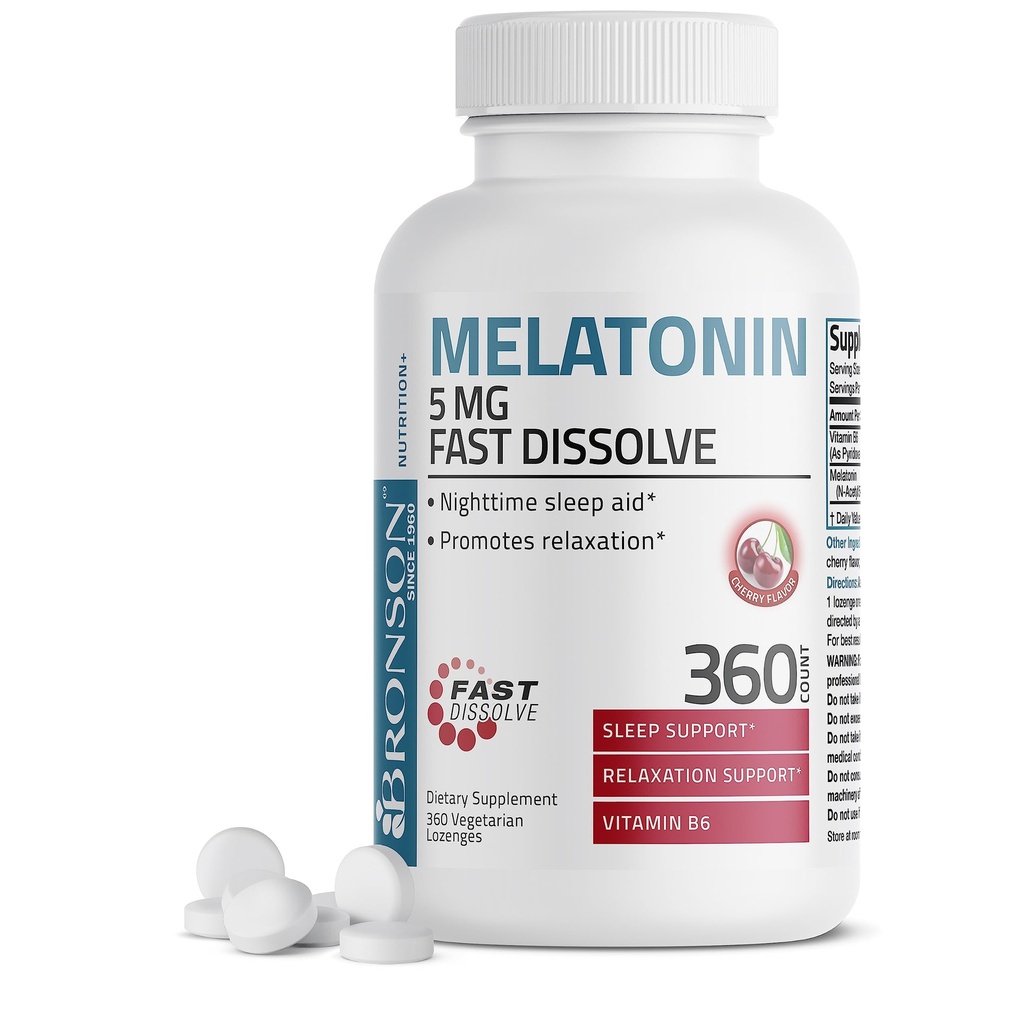 Bronson Melatonin 5 mg Fast Dissolve Cherry Flavor Tabletleri B6 - Nighttime Sleep Aid - Rahatlama, 360 Vegetarian Chewable Lozenges