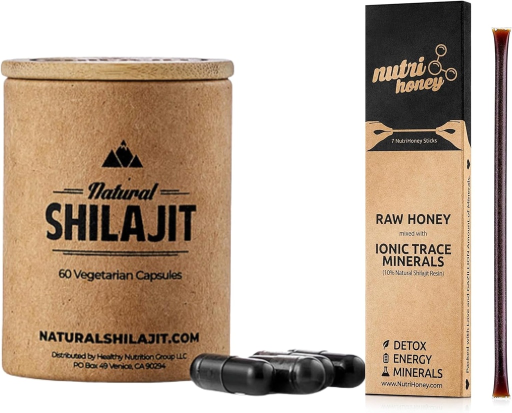 Doğal Shilajit Capsules (1-2 Ay Supply) - 60 Kont & Shilajit Honey Sticks - Natural Shilajitwear Karma with Raw Honey (7 Sticks)